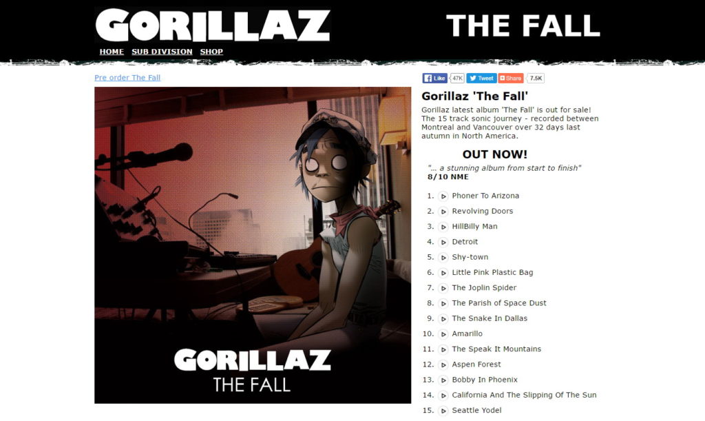 Screenshot der Webseite http://thefall.gorillaz.com/ auf der das auf einem iPad produzierte Album am 25.12.2010 veröffentlicht wurde.
